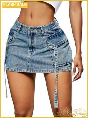 Women's Cargo Denim Mini Skirt Low Rise Zip Fly Pockets Stretch Jean Skirt